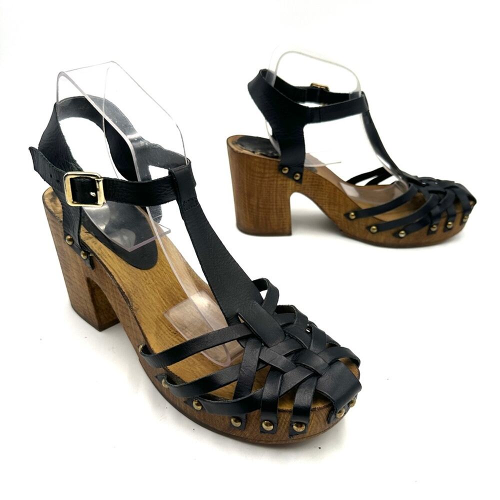 Topshop Block Heel Studded Strappy Leather Sandals Size 41 / 10.5 Made In Italy